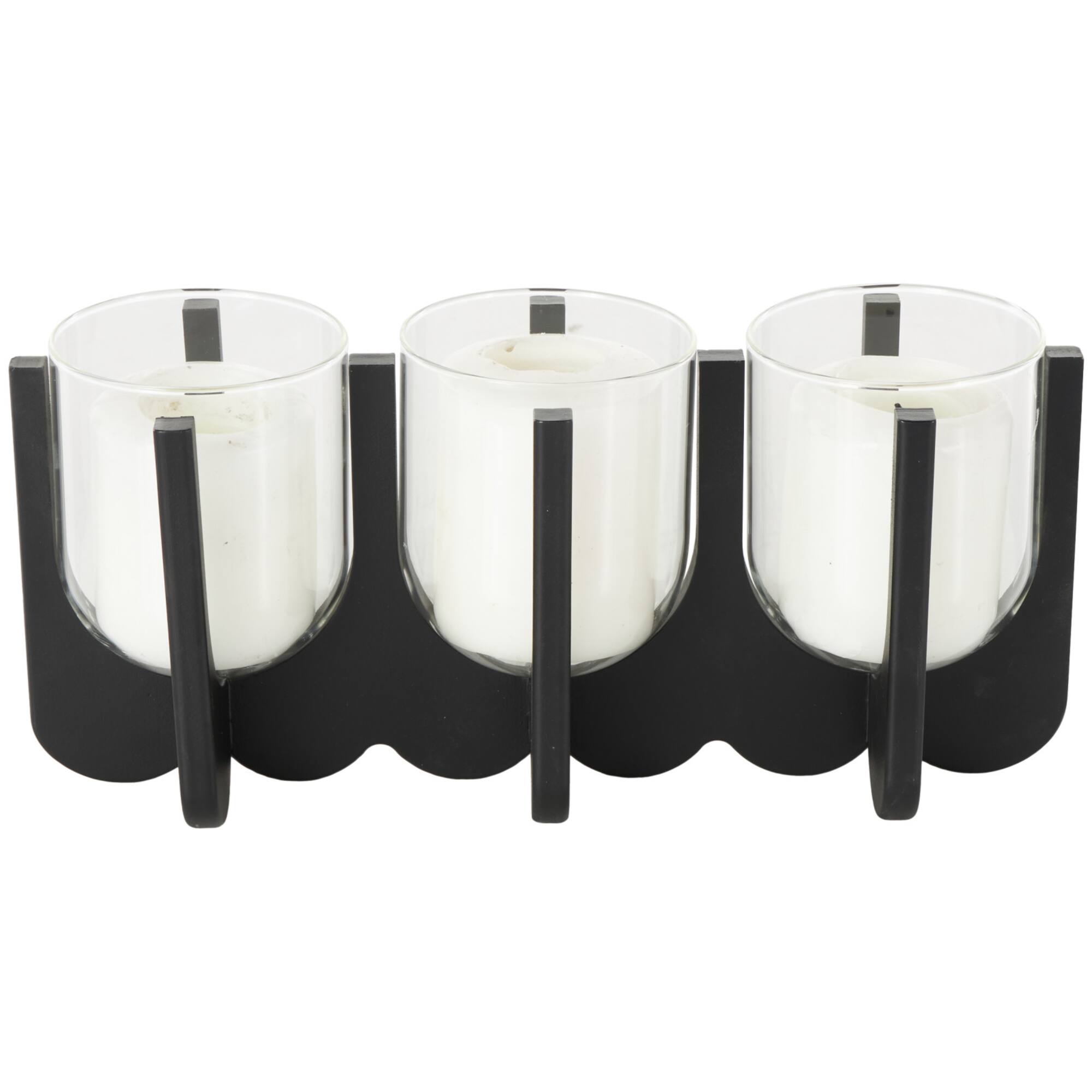 14.25" Black Wood Hurricane 3 Slot Decorative Candle Holder